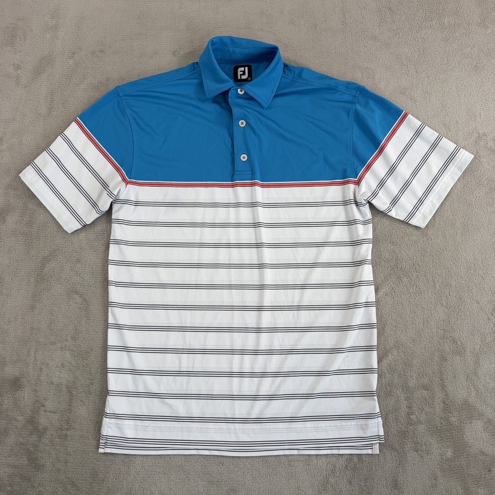 FootJoy Performance Golf Polo Shirt Men Small Blue White ColorBlock Striped NWOT